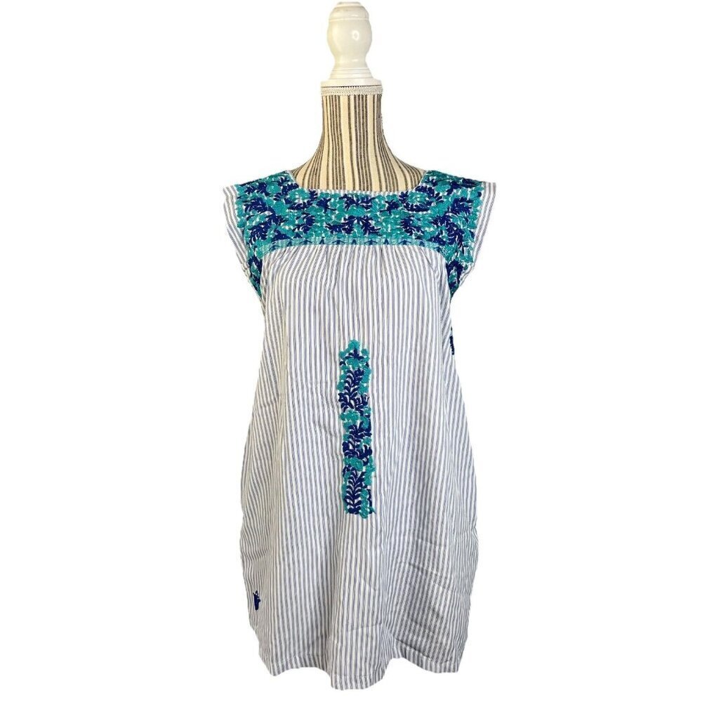 J Marie Blue White Stripe Embroidered Floral Adeline Mini Dress SMALL Womens
